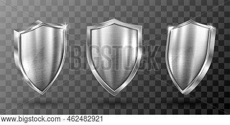 Metal Shield With Frame Realistic Vector Illustration. Blank Silver Steel Metallic Panel With Reflec