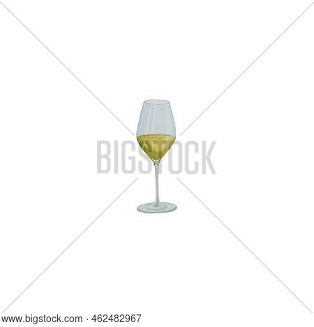 Watercolor Illustration Of White Wine In Wineglass. Hand Drawn Realistic Delicious Beverage Element.