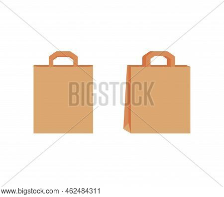 Paper Bag With Handle Template Of Shopping. Brown Craft Paper Pack For Gift, Food, Item. Take Away, 