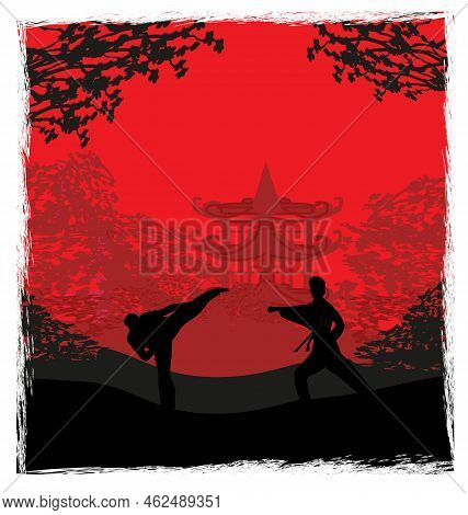 Active Tae Kwon Do Martial Arts Fighters Combat Fighting And Kicking Sport Silhouettes Illustration 