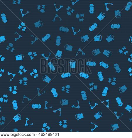Set Roller Scooter, Skateboard, Sand In Bucket And Puzzle Pieces Toy On Seamless Pattern. Vector