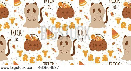 Trick Or Treat Pattern. Sweet Halloween Candies Seamless Pattern. Loli Pop, Pumpkin Trick Or Treat B