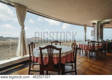 Panoramic View On Volcanic Landscapes From The Restaurant In Timanfaya National Park, Lanzarote, Spa