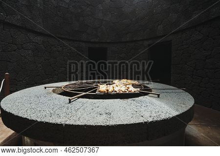 Tasty Meat Barbecued On Volcanic Heat, Timanfaya National Park, Canary Islands, Spain