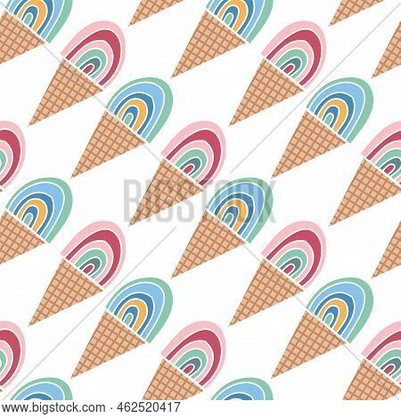 Summer Seamless Pattern With  Ice Cream, Rainbow  Vector Illustration In Flat Cartoon Style.