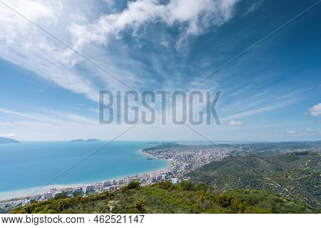 Attractive Spring Cityscape Of Vlore City From Kanines Fortress. Captivating Morning Sescape Of Adri