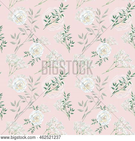 Seamless Pattern With White Roses, Gypsophila And Pistachio Branches. Vintage Style. Watercolor Illu