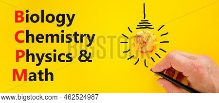 Bcpm Biology Chemistry Physics Math Symbol. Concept Words Bcpm Biology Chemistry Physics Math On Yel
