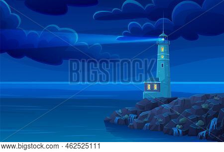 Seaside Landscape With White Lighthouse On Shore, Building For Lighthouse Keeper At Night. Element O