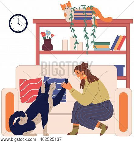 Female Pet Owner Plays With Dog. Caring For Four-footed Friend Concept. Happy Lady With Puppy, Domes