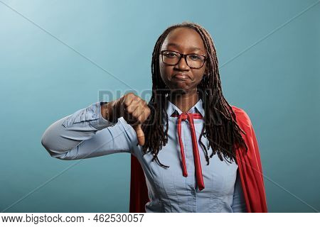African American Mighty Justice Defender Showing Disagree Hand Symbol In Disagreement. Dissapointed 