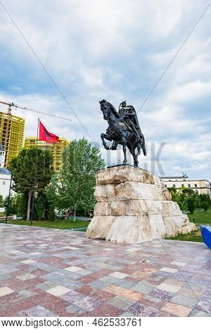 Tirana, Albania - June 2022: Skanderbeg Square Skanderbeg Statue Monument In The Center Of Downtown 