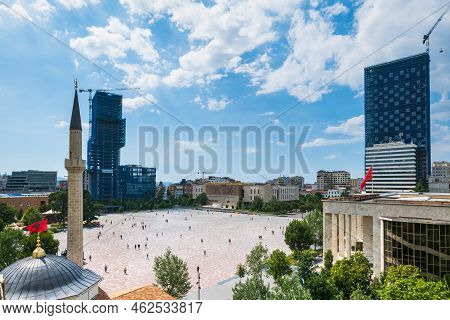 Tirana, Albania - June 2022: Skanderbeg Square In The Center Of Downtown Tirana, The Capital City Of