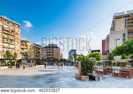 Pristina, Kosovo - June 2022: Pristina Downtown Street View In The Center. Cityscape Of The Central 