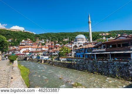 Prizren, Kosovo - June 2022: Prizren City Center View With The River, Bridge And Sinan Pasha Mosque.