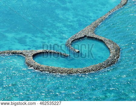 Aerial View Of Stone Tidal Weirs In Penghu, Taiwan.
