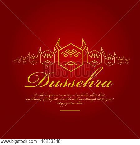 Happy Dussehra Greetings In Golden Text. Hexagon Ravan Illustration.