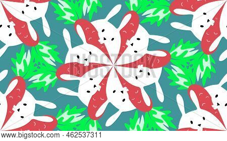 Seamless Vector Pattern With Rabbit And Carrot Drawn In Escher Style. Silhouette Of A Hare With Food