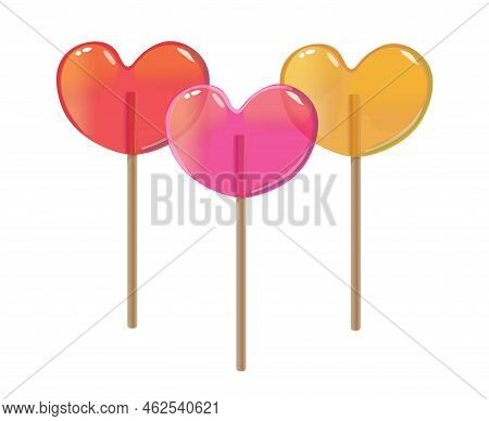 Heart Shaped Lollipop Candy Set On Wooden Stick Isolated On White Background. Mint, Fruit And Berrie