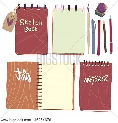 Set Of Sketchbooks In Flat Style For Printing And Decoration.vector Illustration.