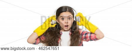 Cleaning Routine. Girl Wear Headphones And Gloves For Cleaning. Listening Music And Cleaning House. 