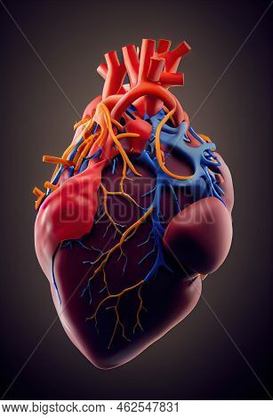 A Human Heart Anatomical Model On A Black Background. The Blood System Is Illustrated Along With Vei