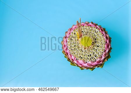 Pink Lotus Petal Krathong Decorates With Its Pollen, Crown Flower, Blurred Focus Incense Stick And C