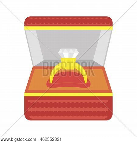 Open Ring Box With Gold Ring And Diamond Isolated On White Background.