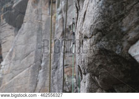 Climbing Area Buksky Canyon, Rain On The Gorsky Tikich River Near High Granite Rocks, Cherkasy Regio