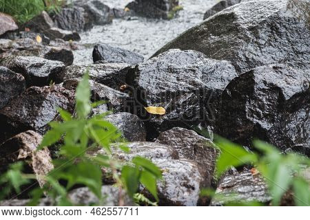 Rain On The River Gorsky Tikich Rocky Banks Near High Granite Rocks. Buksky Canyon, Cherkasy Region