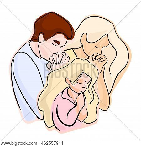 People Pray To God. Faith In God. Man, Woman And Child Praying.