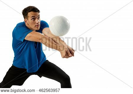 Closeup Of Young Man, Volleyball Player Playing Volleyball Isolated On White Studio Background. Spor