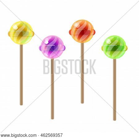 Lollipop, Round Hard Sugar Candy On Stick. Mint, Fruit And Berries Taste Lollypops. Vector Cartoon S