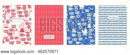 Cover Page Templates Based On Patterns With Dishes Made Of Clay, Plates, Cups. Swedish Break Fika