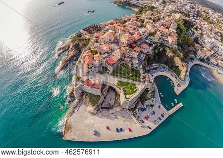 Amazing View On Ulcinj Town In Montenegro. Clock Tower Of Ulcinj Sahat Kulla. Lami Mosque. Ulcinj Is