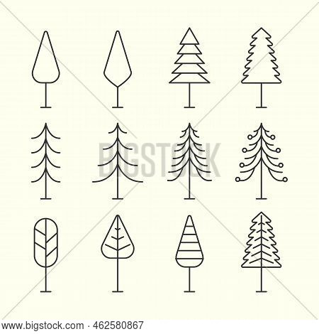 Set Pine Line Art Logo Vector Template Illustration Design. Tree Bundle Logo Concept