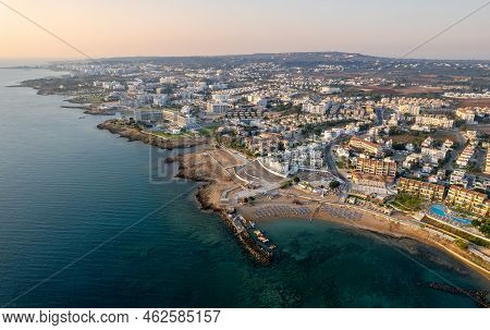 Coastline Of Touristic Village Of Pernera, Protaras Cyprus. Drone Aerial Scenery Of Holiday Resort