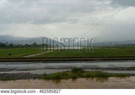 Batumi, Georgia, Ajaria - September 05, 2022: Airstrip On The Background Of Mountains, Storm Clouds 