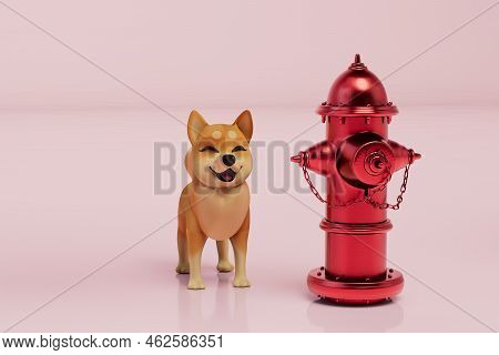 Dog Pissing On A Fire Hydrant. Dog And Fire Hydrant On A Pink Background. 3d Render.