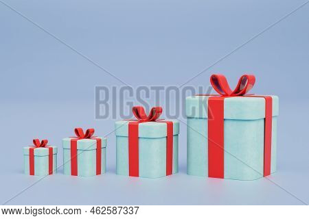 The Concept Of Receiving Gifts. Gift Boxes With Red Bows Of Different Sizes On A Blue Background. 3d