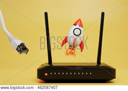 Fast Home Internet. Internet Cable Going To The Wi-fi Router Over Which The Rocket Takes Off. 3d Ren
