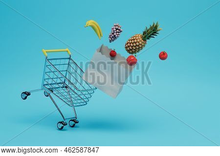Buying Fruit In The Store. Shopping Cart From Which A Package Of Fruit Flies Out. Copy Paste, Copy S