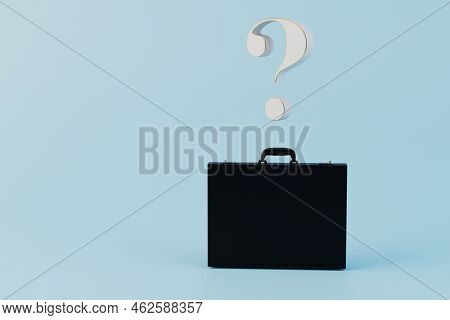 It Is Not Known What Is In The Suitcase. Close Black Case With A Question Mark On A Blue Background.
