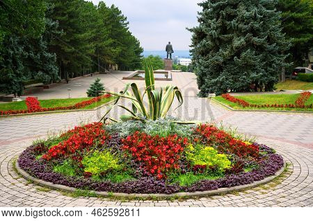 Landscape Design In Pyatigorsk, Russia. Beautiful Scenery Of Cascade Stairway With Flowers In Pyatig