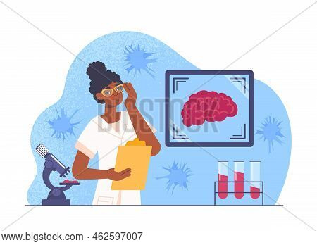 Neurologist Analyzes Brain. Scientist In Lab Evaluates Work Of Organs, Anatomy And Biology. Experime
