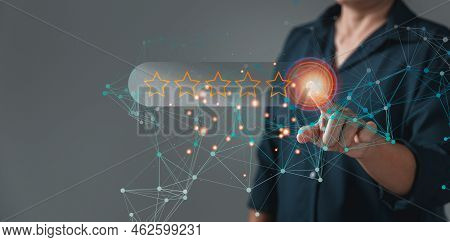 Customer Service And Satisfaction Concept, Online Customer Reviews With Technology. Business People 