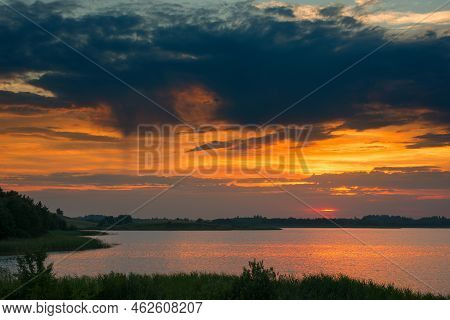 Serene Landscape Lake In The Evening - The Shores Of Lake Otolovo In Belarus