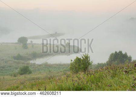 Serene Landscape In The Fog - The Shores Of Lake Otolovo In Belarus