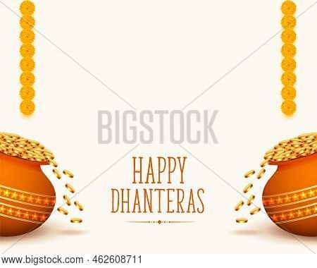 Happy Dhanteras Holiday Background With Golden Coin Kalasha And Floral