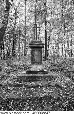 Forest Calvary In Autumn Time. Frydlant V Cechach, Czech Republic. Black And White Image.